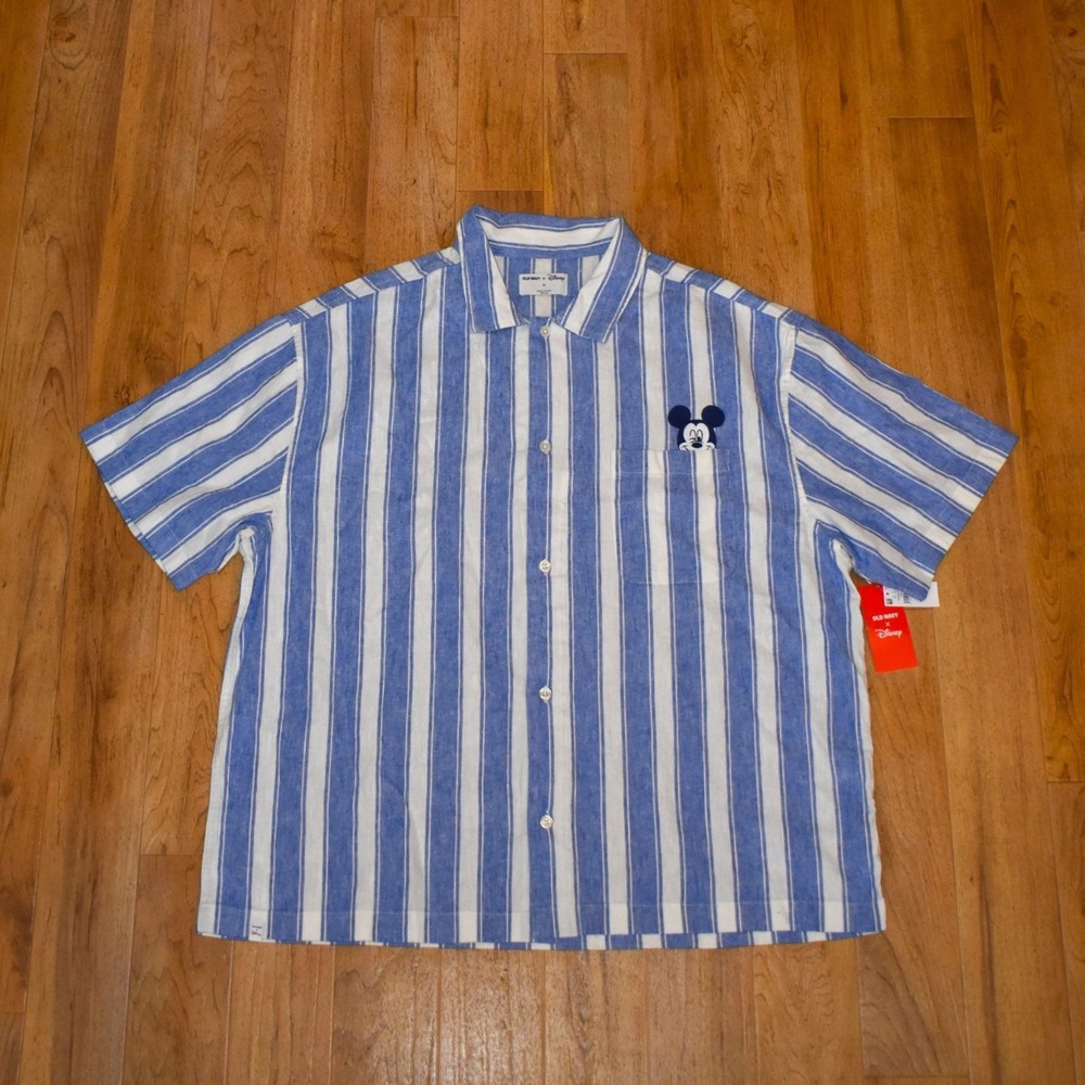 Old Navy X Disney Mens Button Down Shirt XL Blue New Striped Mickey Linen Blend